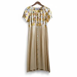 VTG Expo Mixed Print Midi Dress Yellow Gingham Floral Cottagecore Button Front 8